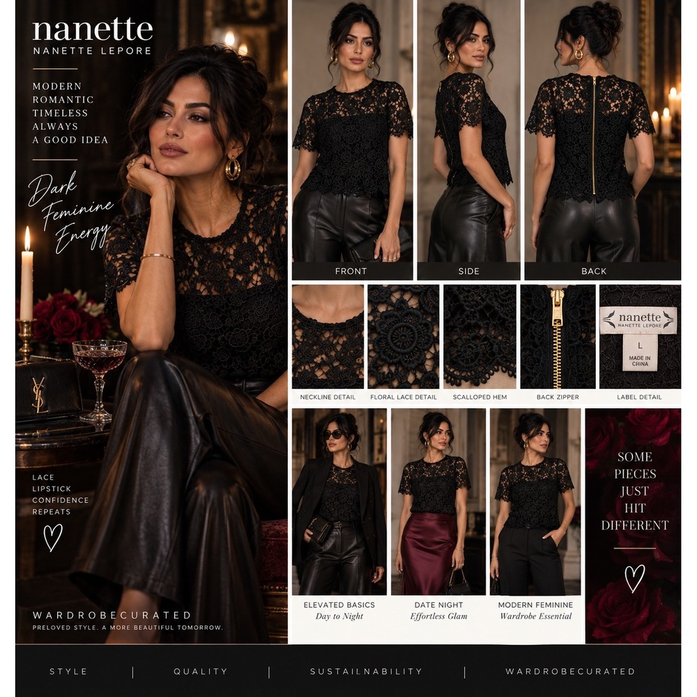 Nanette Lepore Black Floral Lace Top Dark Feminine Romantic Goth Blouse Large